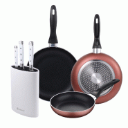 BERGNER - Jeu de 3 Poêles 16/20/24cm Compatible Induction aluminium Embouti Paradise avec Jeu de 3 Couteaux en Acier Inoxydable avec Bloc de Couteaux