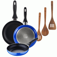 BERGNER - Jeu de 3 poêles Ø16/20/24cm aluminium pressé Adapté induction Blue Navy Paradise avec set 3 pièces d'ustensiles de cuisine en bois d'ac