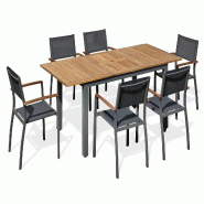 REMARQUABLE Ensemble table de jardin avec structure en aluminium gris anthracite plateau en bois d'acacia (150/200 x 90 cm) et 6 fauteuils - ORSINO -