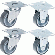 Roulette 50mm 2" à bandage caoutchouc gris, pivotante et fixe, capacité 160kg, jeu de 4 Roulette 50mm 2" à bandage caoutchouc gris, pivotante et fixe, capacité 160kg, jeu de 4