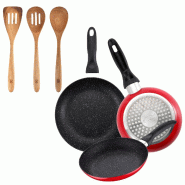 BERGNER - Ensemble de 3 poêles avec revêtement effet marbre Ø16/Ø20/Ø24 cm avec ensemble de 3 ustensiles de cuisine Xmart 32,8 × 33 × 7 × 1,4