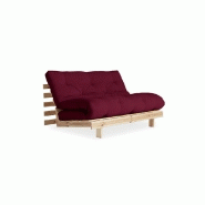 CANAPÉ CONVERTIBLE FUTON ROOTS PIN NATUREL COLORIS BORDEAUX COUCHAGE 140*200 CM.