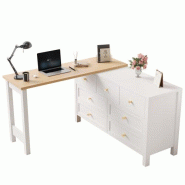 Merax Bureau avec commode, 120×40×70 cm, plateau de table rotatif à 360° avec 7 tiroirs, table de bureau en L et buffet aspect blanc/chêne - blan