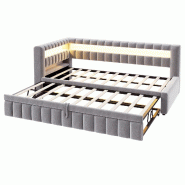 Merax lit rembourré 90x200 cm avec lit gigogne 90x190 cm, banquette, côté haut droit, LED, USB-C, rangements, velours gris clair - gris multi-maté