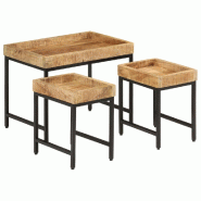 Tables basses gigognes 3pcs bois de manguier massif brut et fer Modèle Patio Omicron Plus - 372732