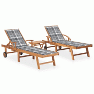VidaXL Chaises Longues Lot De 2 Avec Table Et Coussin Bois Teck Solide - 3073185