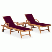 VidaXL Chaises Longues Lot De 2 Avec Table Et Coussin Bois Teck Solide - rouge 3073180