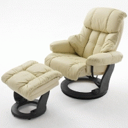 FAUTEUIL RELAX CLAIRAC ASSISE EN CUIR CRÈME PIED EN BOIS NOIR AVEC REPOSE PIED