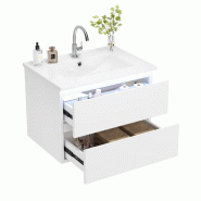 Merax vasque 61×46×45cm, meuble de salle de bain suspendu avec LED, finition complète, 2 tiroirs, lavabo en céramique intégré, blanc - blanc mul