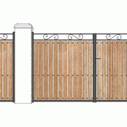 Portail battant - portillon droit Martinique, volute haute - Ossature tube 35x35x2, Fer plat 35x8, Lattes Méranti 100x25 Portail battant - portillon droit Martinique, volute haute - Ossature tube 35x35x2, Fer plat 35x8, Lattes Méranti 100x25