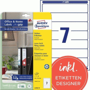 Avery Zweckform 70 étiquettes pour dos de classeur Laser blanches, format 192 x 38 mm (10 feuilles A4 / cdt) - blanc L4760-10