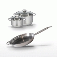 Batterie de cuisine avec 1 poêle de cuisson 32 cm et 2 faitouts 24/16 cm en acier inoxydable sans PFAS Elo Collection Relief Solution Brillant - gris_0