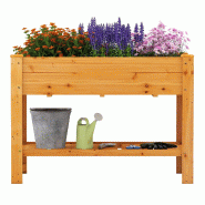 COSTWAY Bac surélevé, potager surélevé bois, bac plantation avec étagère, trous drainage, herbes, 120x60x81cm, Marron - marron Bois massif SF6514OR