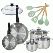 Lot de 2 Poêles 20/28cm avec couvercles et 3 Faitouts 16/20/24cm Fackelmann Généva avec 5 ustensiles Océan - 3176239920253 Lot de 2 Poêles 20/28cm avec couvercles et 3 Faitouts 16/20/24cm Fackelmann Généva avec 5 ustensiles Océan - 3176239920253