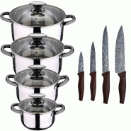 San Ignacio - Batterie de cuisine 8 pièces Compatible Induction Hita en Acier Inoxydable + Set de 4 Couteaux de Cuisine en Acier Inoxydable Daimiel -