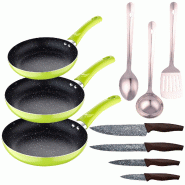 San Ignacio - Ensemble de 3 poêles Ø20/24/28 cm en aluminium embouti avec ensemble de 3 ustensiles de cuisine et ensemble de couteaux - aluminium PK
