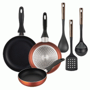 BERGNER - Set de 3 Poêles Ø16/20/24cm en Aluminium Pressé Cuivre Métallisé avec Set de 3 Ustensiles de Cuisine en PBT Noir et Cuivre - PK9915