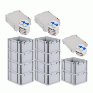 PROREGAL 10x Bac Euro NextGen Economy couvercle à charnières, fermetures à glissière bleues, poignées fermées, 22x30x40cm, 20L - noir plastique