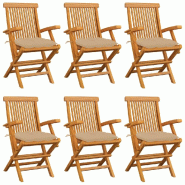 VidaXL Chaises De Jardin Avec Coussins Beige Lot De 6 Bois Teck Massif - beige 3062559