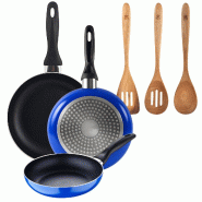 BERGNER - Ensemble 3 poêles Ø16/20/24cm aluminium embouti Adaptées induction Blue Navy Paradise avec ensemble 3 ustensiles de cuisine 32,8x33x7x1,4