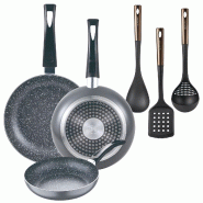 BERGNER - Set 3 Poêles Ø16/20/24cm en Aluminium Embouti Compatibles Induction Black Soul Marble avec Set 3 Ustensiles de Cuisine en PBT noir et cuiv