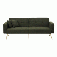 Merax Canapé-lit avec fonction lit, canapé 2 places, dossier réglable, pieds dorés, 2 coussins et poches latérales, tissu teddy, vert olive - ver