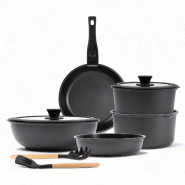 BERGNER Click&Cook - Batterie de Cuisine 10 pcs Coloris Noir avec Poignée Amovible: 3 Poêles, 2 Casseroles, Couvercles et Ustensiles aluminium moul�