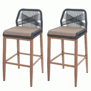 Décoshop26 - Lot de 2 tabourets de bar extérieur avec dossier cordage élastique décoratif gris foncé et repose-pieds structure 04_0009646 - gris
