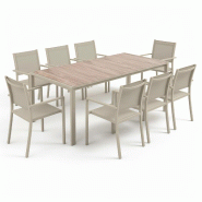 Oviala Business Ensemble table de jardin en aluminium effet bois et 8 fauteuils crème - beige 115426