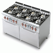 Centre de cuisson à gaz 8 feux avec 2 fours électriques statiques GN2/1. Structure en acier inoxydable. Dimensions 160x90 h90 cm. Modèle CF8-916GE
