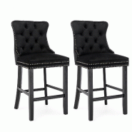 Merax Ensemble de 2 chaises de bar , velours noir, pieds en bois noir, avec anneau de poignée et rivets, tabouret de bar de cuisine rembourré et bas