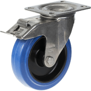 Roulette pivotante/frein de 125mm en acier inoxydable avec caoutchouc élastique bleu sur centre en nylon Roulette pivotante/frein de 125mm en acier inoxydable avec caoutchouc élastique bleu sur centre en nylon