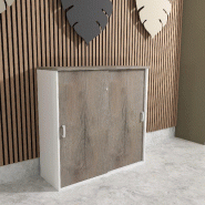Armoire mi-haute à portes coulissantes - Mobel Linea - 100, Blanc pastel, Chêne grisé_0
