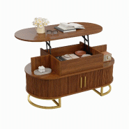 Merax Table basse ovale 100 x 50 x 64 cm avec plateau relevable hydraulique, rangements, 2 portes coulissantes rainurées et structure en acier doré,