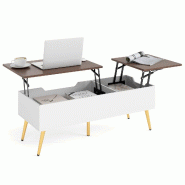 COSTWAY Table avec plateau relevable, 2 rangements cachés, bureau flip-top pieds métal 111x48x40-53,5cm, Noyer - multicolore Bois manufacturé VH348