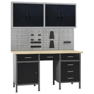 Etabli avec 4 panneaux muraux et 2 armoires table de travail poste de travail stockage rangement d\'outils Établi d\'atelier garage 02_0003667