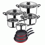 San Ignacio - Batterie de cuisine Toledo : 5 marmites avec couvercles et set de 3 poêles Ø16/20/24 cm en acier inoxydable/aluminium pressé - PK356
