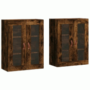 Helloshop26 - Lot de 2 armoires murales modernes avec porte vitrée rangement 69,5 x 34 x 90 cm en bois d'ingénierie chêne fumé 02_0055413 - verre
