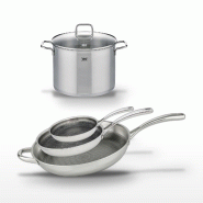 Lot de 3 Poêles 24/28/32 cm Elo Relief Evolution avec Faitout 26 cm - gris inox 3176239954821