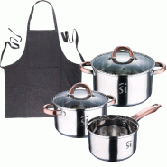 BERGNER - Batterie de Cuisine 5 Pièces Ø16/18/20cm en Acier Inoxydable Compatible Induction avec Tablier de Cuisine Gris Foncé 100% Coton 75x80cm -