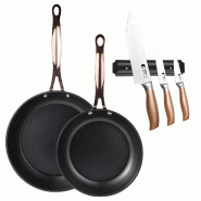 BERGNER - Jeu de 2 poêles Ø20/24 cm en aluminium forgé Noir mat avec jeu de 3 couteaux en acier inoxydable avec support magnétique mural - PK9548