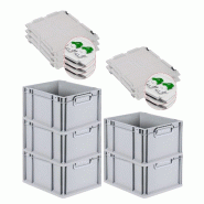 PROREGAL 5x Bac Euro NextGen Economy couvercle à charnières, fermetures à glissière vertes, poignées fermées, 22x30x40cm, 20L - noir plastique R PROREGAL 5x Bac Euro NextGen Economy couvercle à charnières, fermetures à glissière vertes, poignées fermées, 22x30x40cm, 20L - noir plastique R