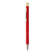 Stylo à bille en aluminium recyclé - finition caoutchoutée, bouton bambou, détails chromés - gravure laser miroir - encre bleue - couleur rouge Stylo à bille en aluminium recyclé - finition caoutchoutée, bouton bambou, détails chromés - gravure laser miroir - encre bleue - couleur rouge