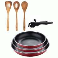 BERGNER - Ensemble 3 poêles Ø18/20/24cm aluminium embouti rouge avec poignée amovible et Ensemble 3 ustensiles de cuisine Xmart 32,8 × 33 × 7 ×