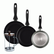 BERGNER - Set de 3 Poêles Ø16/20/24 cm en Aluminium Embouti Gris Métallisé avec Cafetière à Piston en Verre Borosilicate 15,8×10×18,8 cm - PK9886