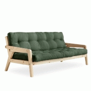 CANAPÉ CONVERTIBLE FUTON GRAB PIN NATUREL COLORIS VERT OLIVE COUCHAGE 130 CM.