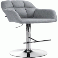 Décoshop26 - Tabouret de bar chaise haute x1 fonction rotation 360° en tissu gris avec coutures décoratives piètement métal chromé 10_0005275 -