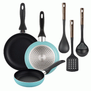 BERGNER - Set de 3 Poêles Ø16/20/24cm en Aluminium Pressé Coloris Bleu Mat avec Set de 3 Ustensiles de Cuisine en PBT noir et cuivre - PK9935