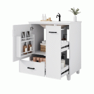 Merax meuble vasque 76.5x47x82 cm, meuble blanc autoportant avec vasque céramique, 2 tiroirs, étagère de porte et Soft-Close - blanc multi-matéria