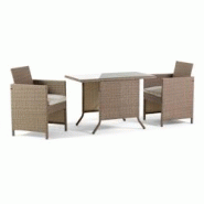 RATTATAN Set de jardin avec table en verre trempé et 2 chaises encastrables en résine tressée avec coussins déhoussables, design compact et robust_0
